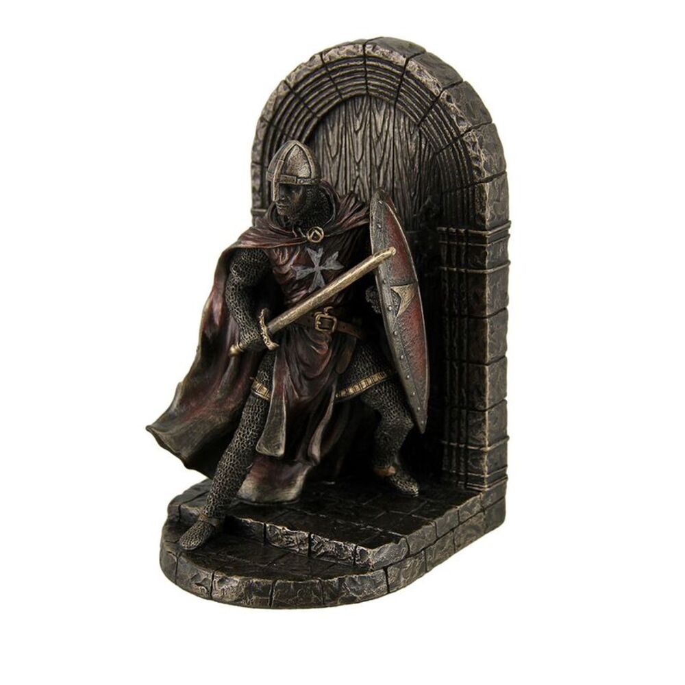 Maltese Crusader Statue in Armor Guarding Door Holding Shield & Sword Bookend